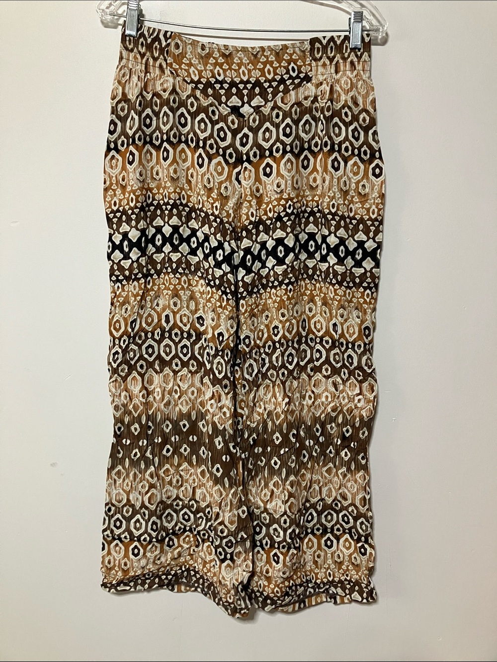 Dressbarn Boho Ikat Geometric Plisse Wide Leg Palazzo Pants Brown Earth Tone S